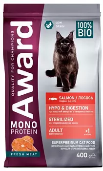 AWARD Monoprotein Корм для стерилизованных кошек, низкозерновой, Лосось, спаржа, ацерола, 400 гр AWARD Monoprotein Корм для стерилизованных кошек, низкозерновой, Лосось, спаржа, ацерола, 400 гр