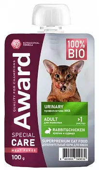 AWARD Пауч для кошек, профилактика МКБ, Курица с кроликом, пюре, 100 гр